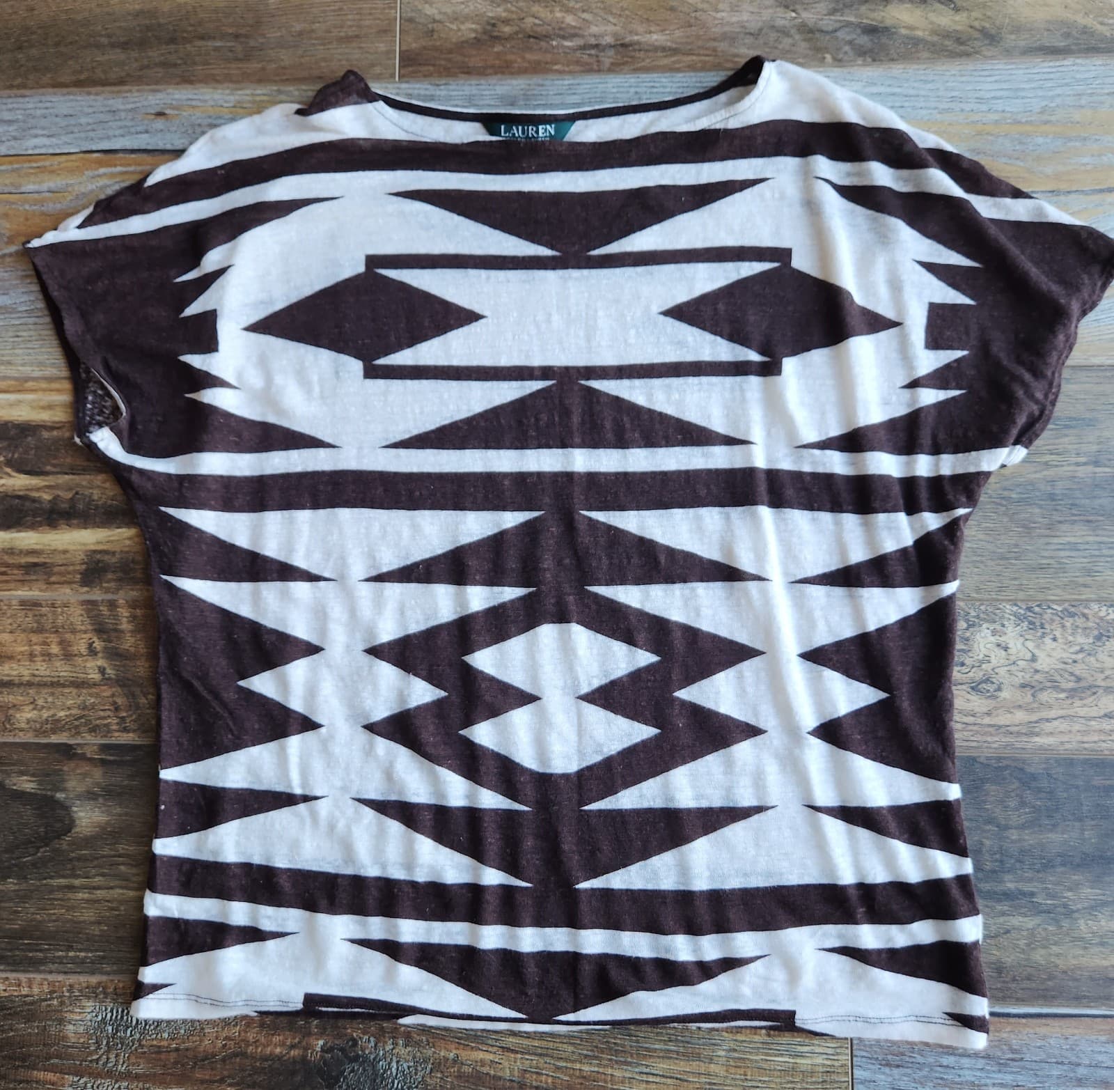 Lauren Ralph Lauren 100% Linen Aztec Blouse Dropshoulder Knit Brown Beige Sz.L - Thumbnail 3