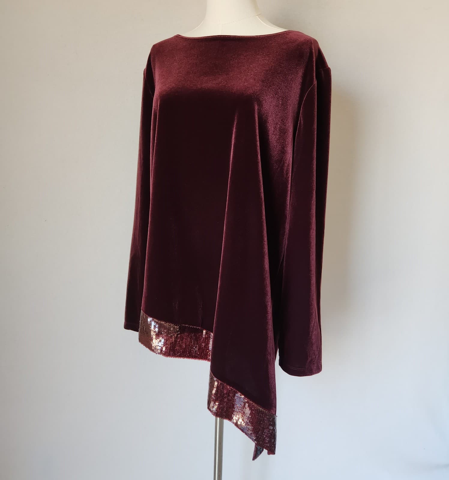 NWT Chico's Travelers Collection Velvet Sequin Trim Asymmetrical Top Red Sz.3 - Thumbnail 2