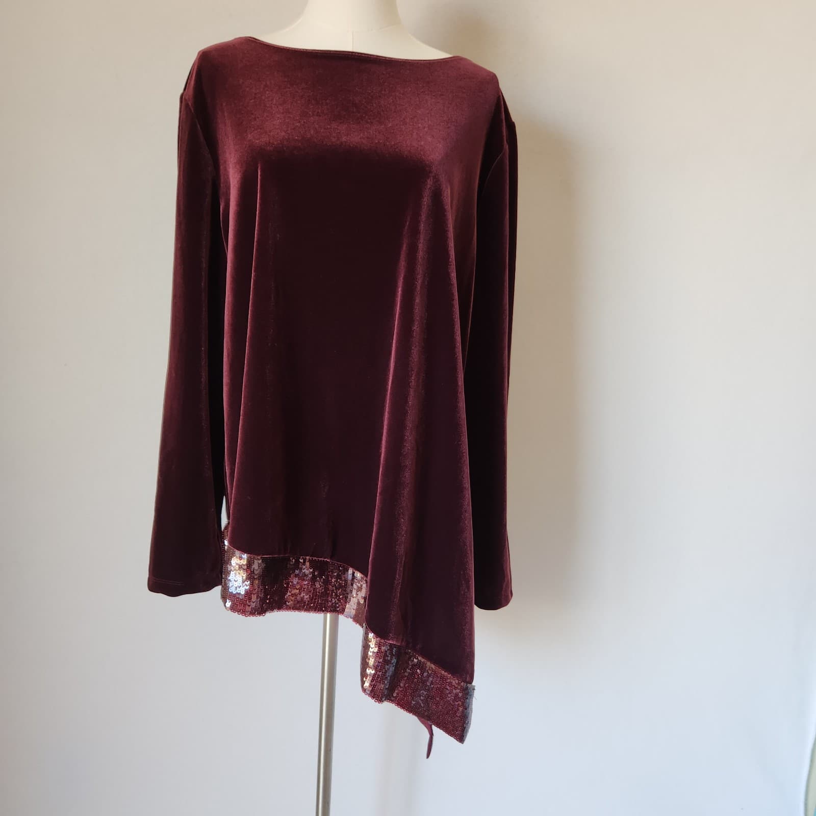 NWT Chico's Travelers Collection Velvet Sequin Trim Asymmetrical Top Red Sz.3 - Thumbnail 3