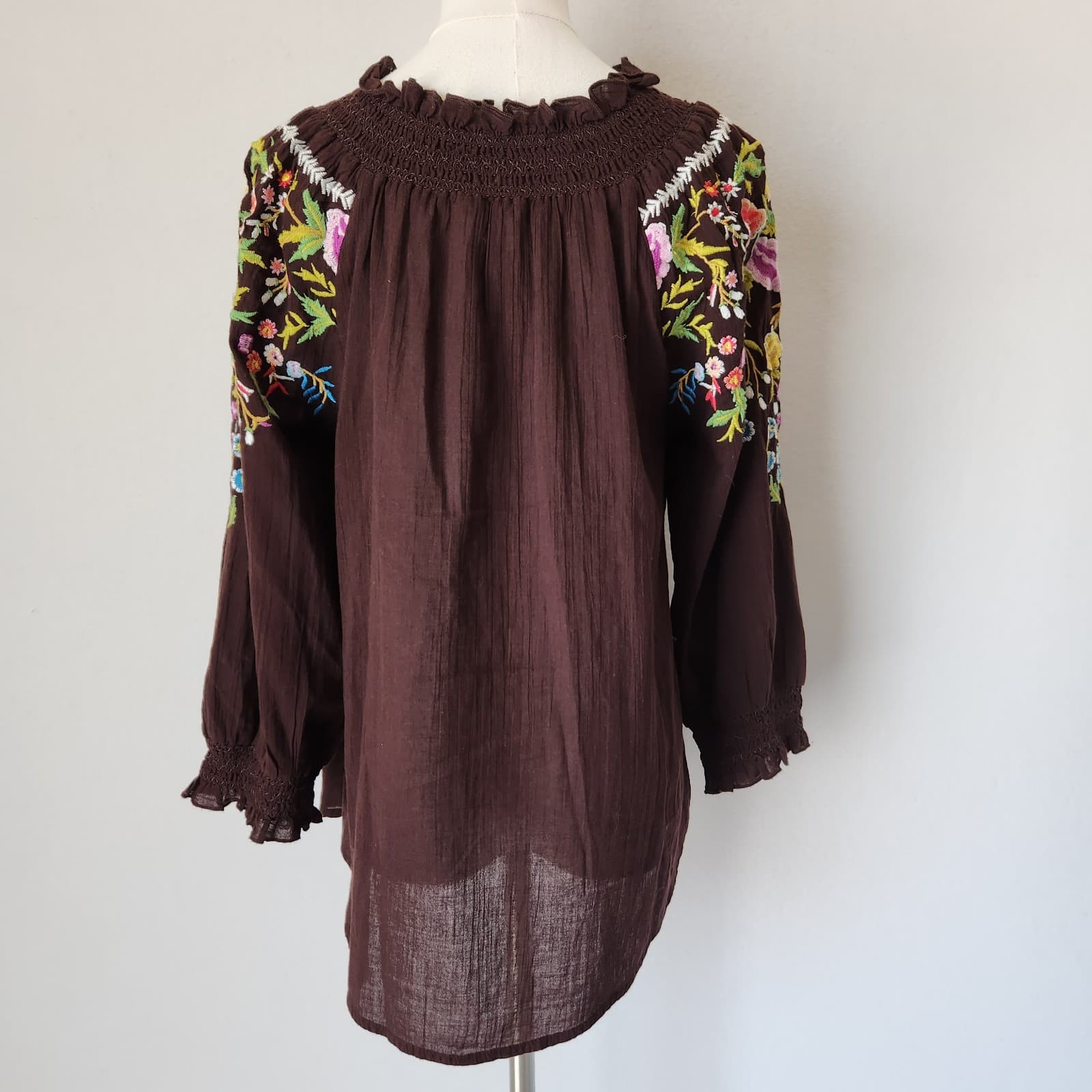 Sundance Amora Blooms Bird Floral Embroidered Boho Top Tassel Cotton Brown Sz.S - Thumbnail 7