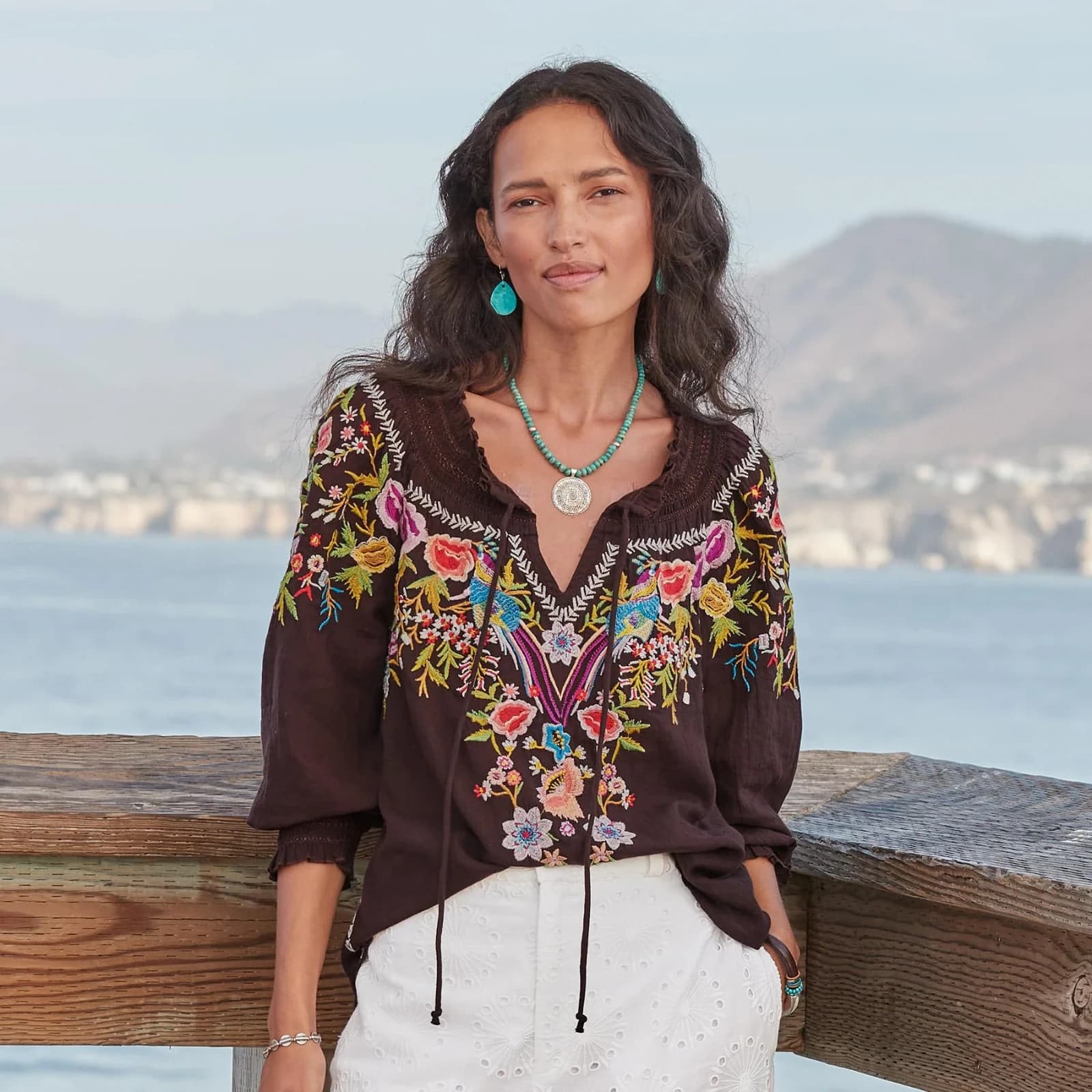 Sundance Amora Blooms Bird Floral Embroidered Boho Top Tassel Cotton Brown Sz.S - Thumbnail 2