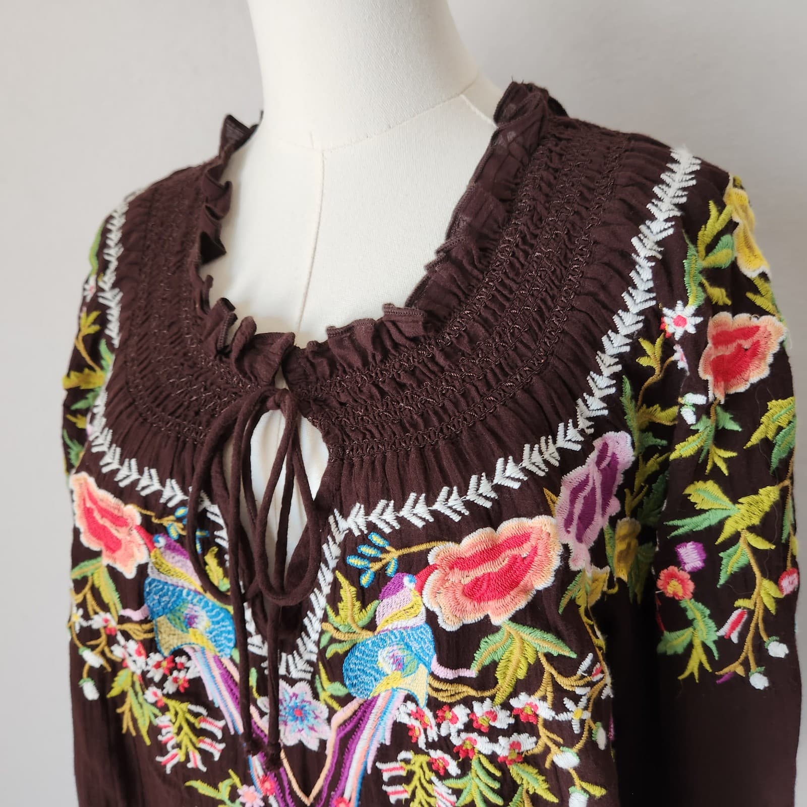 Sundance Amora Blooms Bird Floral Embroidered Boho Top Tassel Cotton Brown Sz.S - Thumbnail 5