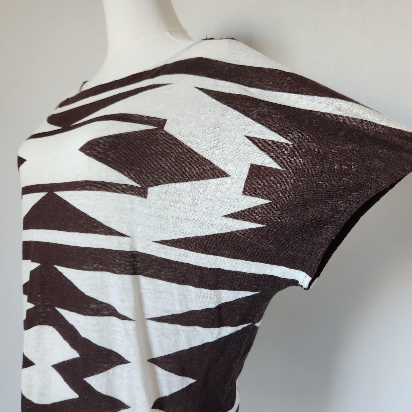 Lauren Ralph Lauren 100% Linen Aztec Blouse Dropshoulder Knit Brown Beige Sz.L - Thumbnail 5