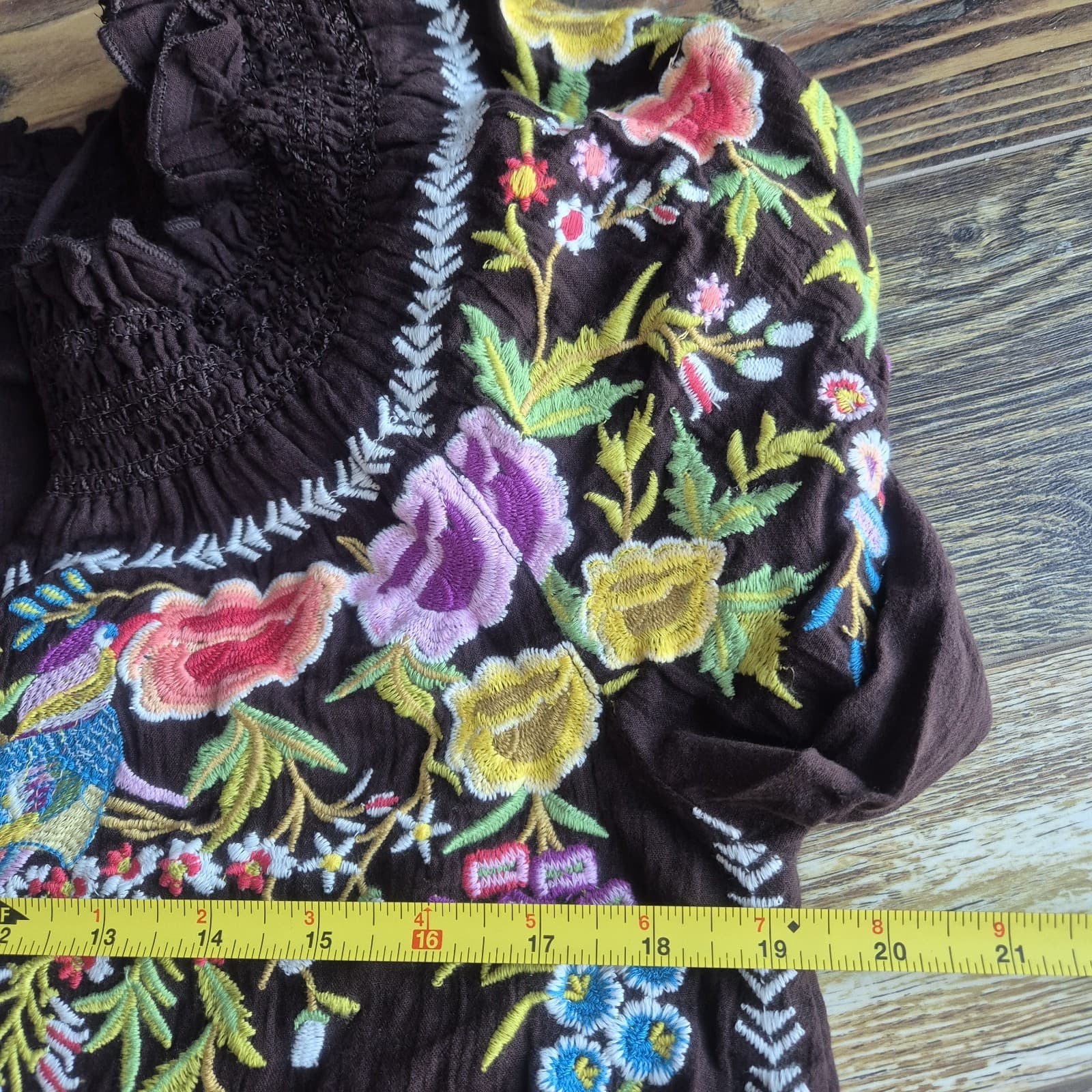 Sundance Amora Blooms Bird Floral Embroidered Boho Top Tassel Cotton Brown Sz.S - Thumbnail 12