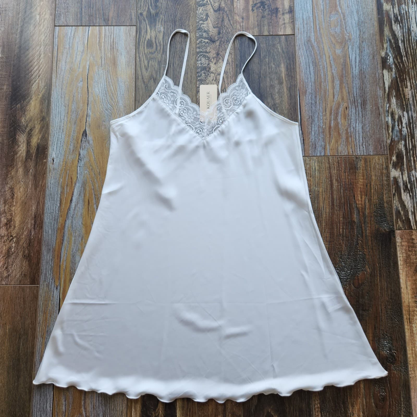 NWT EKOUAER Silky Satin Lace-Trim V-Neck Mini Chemise Slip Nightgown White Sz.M - Thumbnail 7