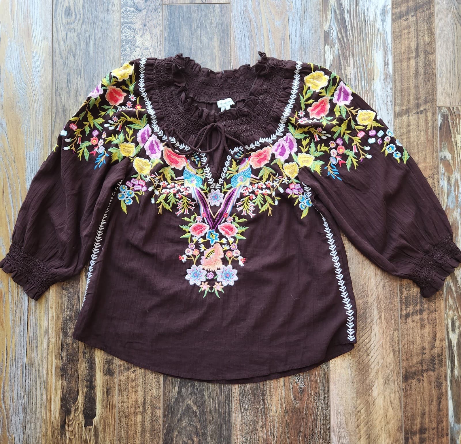 Sundance Amora Blooms Bird Floral Embroidered Boho Top Tassel Cotton Brown Sz.S - Thumbnail 8