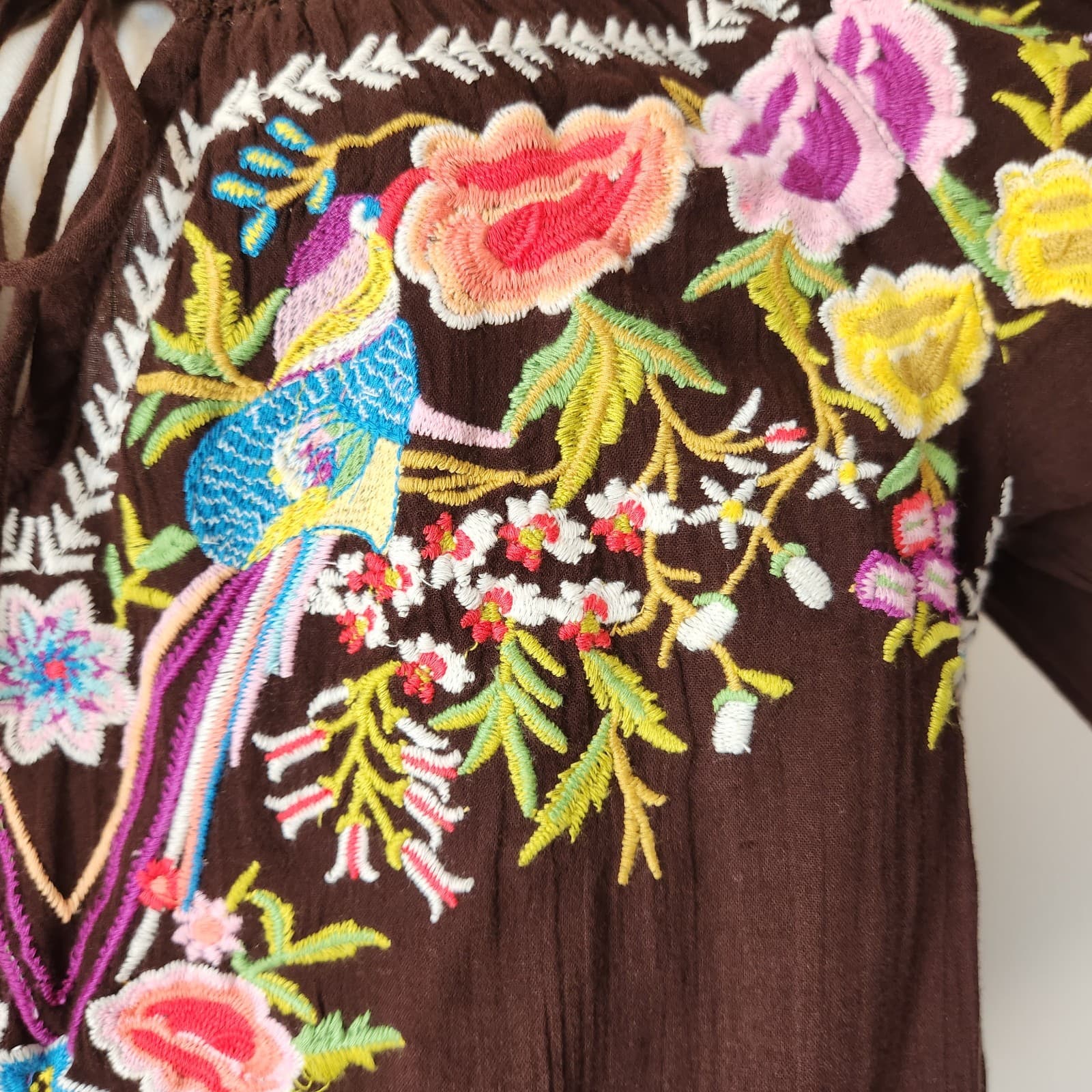 Sundance Amora Blooms Bird Floral Embroidered Boho Top Tassel Cotton Brown Sz.S - Thumbnail 4