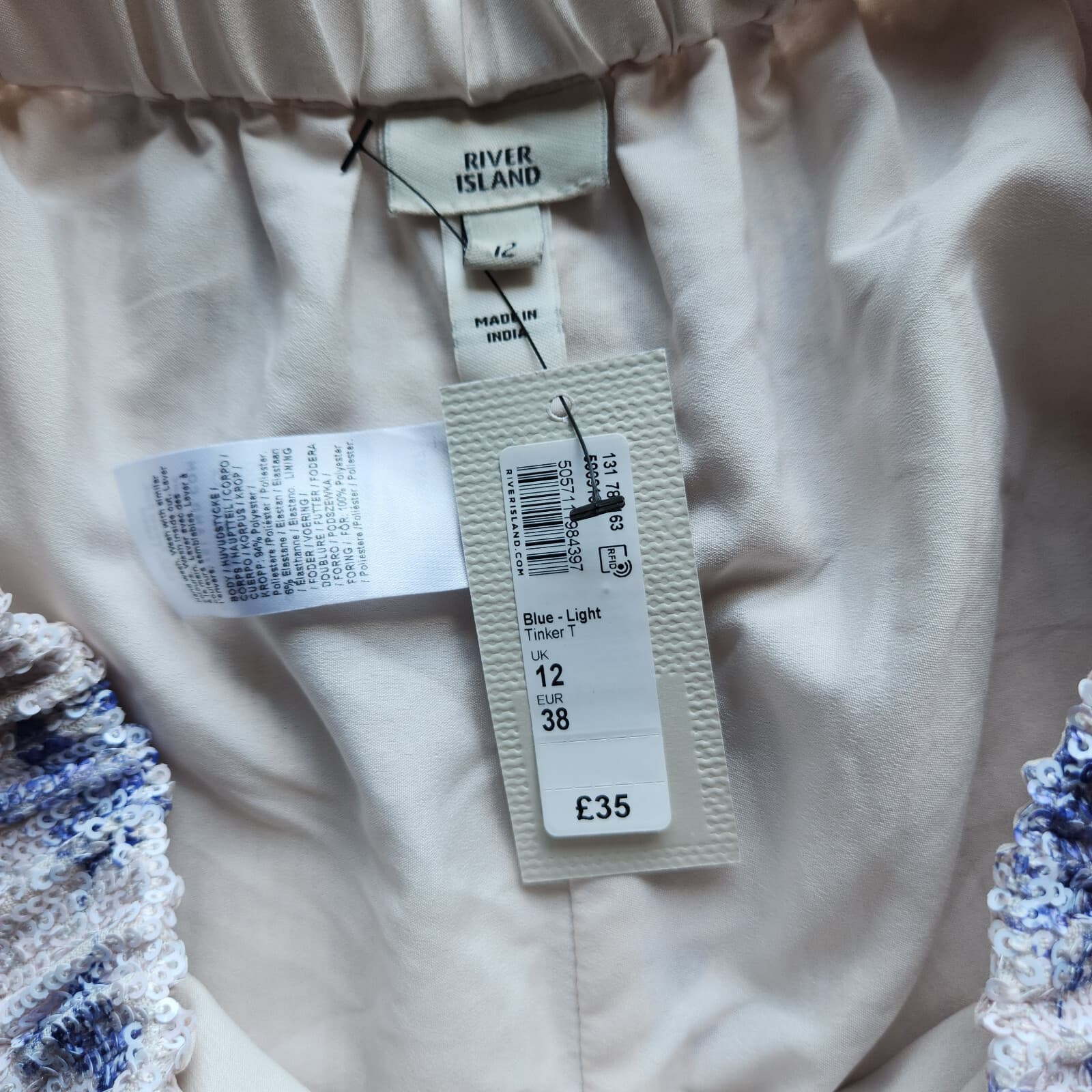 NWT River Island Sequin Floral Tylor Swiff Shorts Elastic Waist White Blue Sz.12 - Thumbnail 6