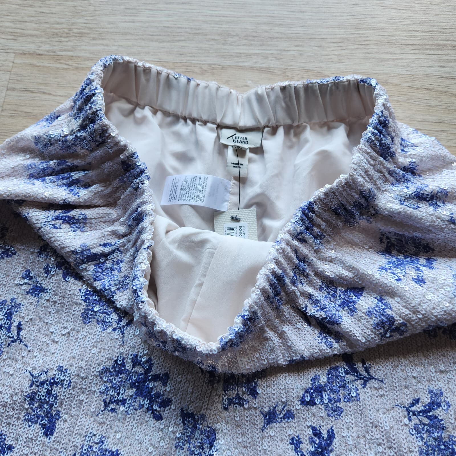 NWT River Island Sequin Floral Tylor Swiff Shorts Elastic Waist White Blue Sz.12 - Thumbnail 4