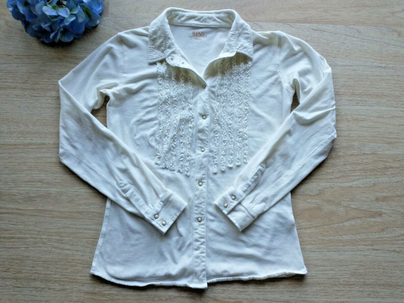 RYAN MICHAEL Knit Western Shirt Stretch Pearl Snap Ruffle Long Sleeve Cream XS - Thumbnail 4