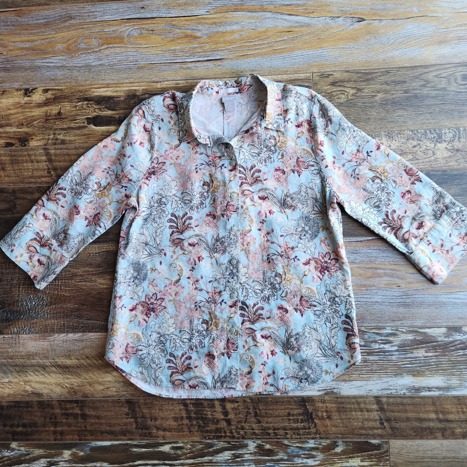 Chico's Non Iron Linen Bird Floral Button-Up Shirt 3/4 Sleeve Multicolor Sz.1/M - Thumbnail 5