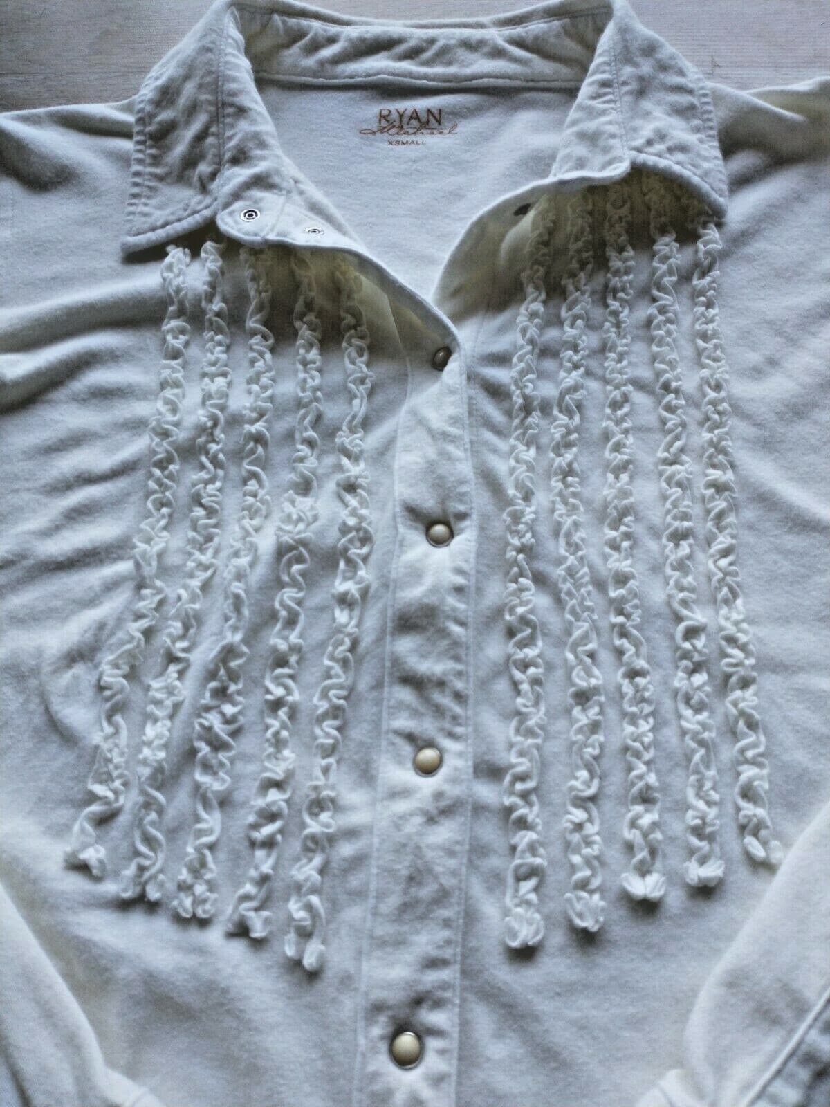 RYAN MICHAEL Knit Western Shirt Stretch Pearl Snap Ruffle Long Sleeve Cream XS - Thumbnail 6