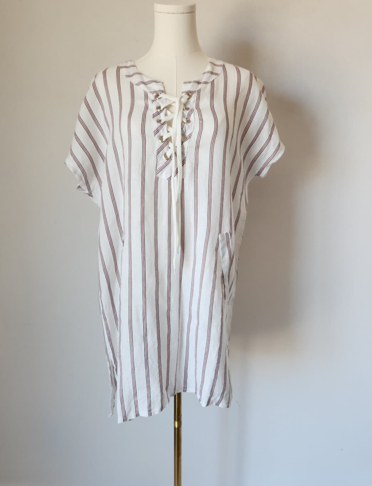 NWoT VIOLA BORGHI Made in Italy Linen Mini Dress Lace-Up Stripe White Brown Sz.L - Thumbnail 2