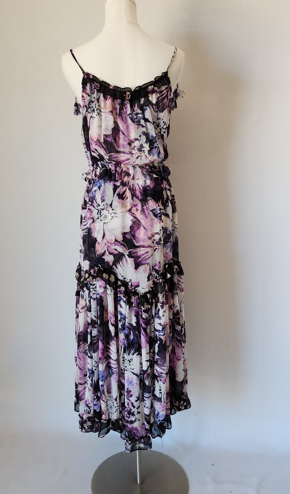 MISA Los Angeles Nati Floral Chiffon Tiered Midi Sun Dress Tie-Strap Purple XS - Thumbnail 8