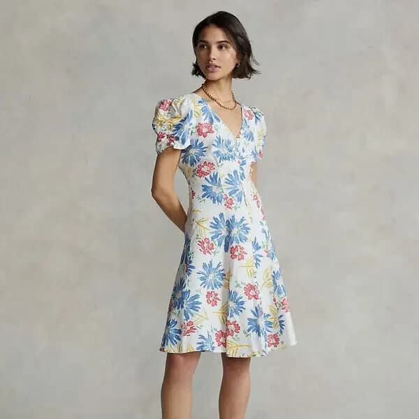 Polo Ralph Lauren Tulum Floral Button-Front Linen Mini Dress White Bust Bust 40" - Thumbnail 5