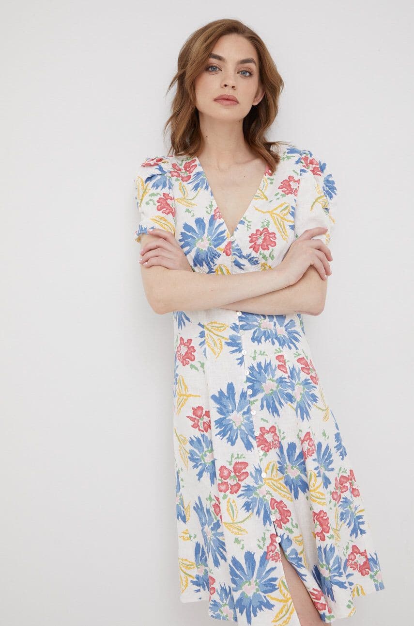 Polo Ralph Lauren Tulum Floral Button-Front Linen Mini Dress White Bust Bust 40" - Thumbnail 3