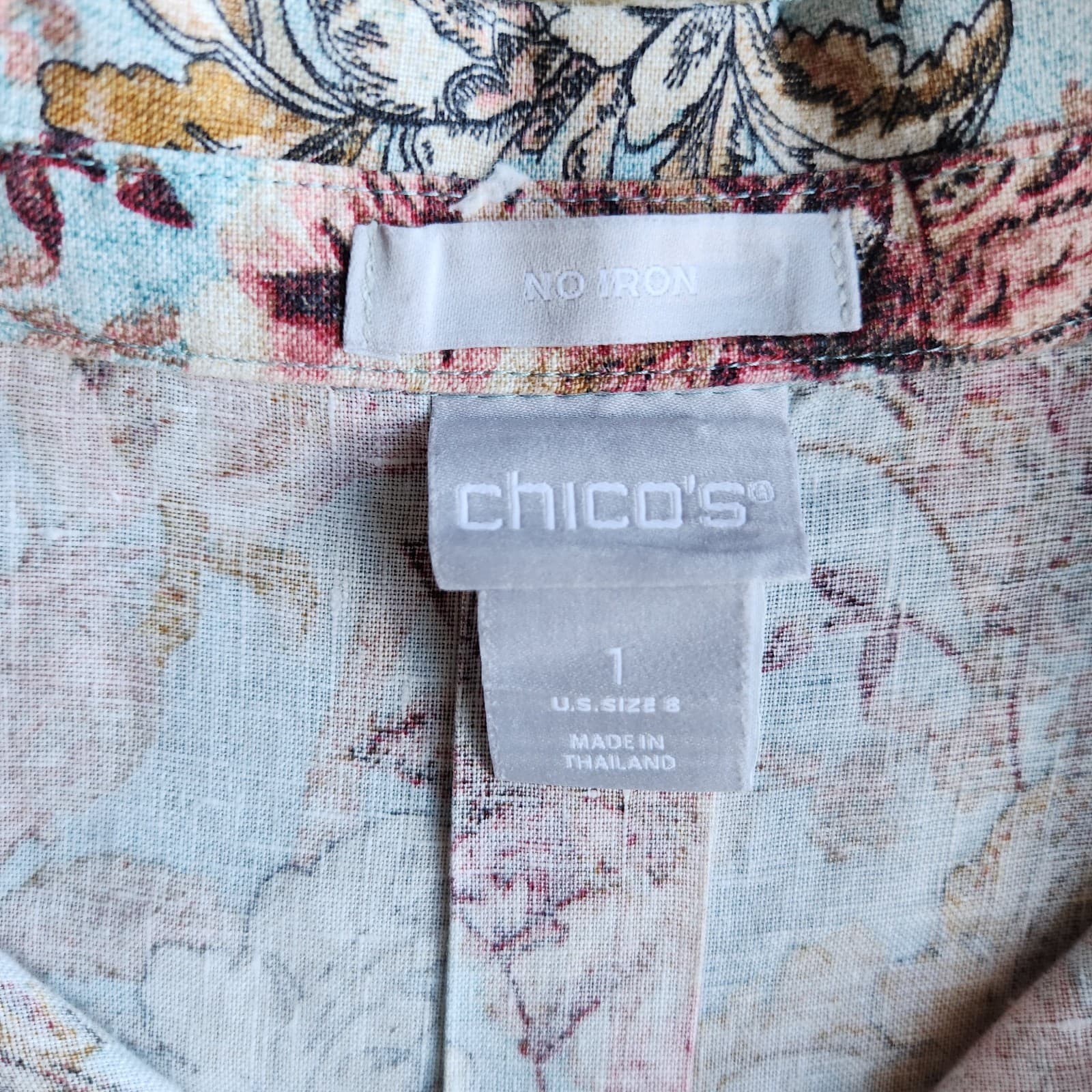 Chico's Non Iron Linen Bird Floral Button-Up Shirt 3/4 Sleeve Multicolor Sz.1/M - Thumbnail 6