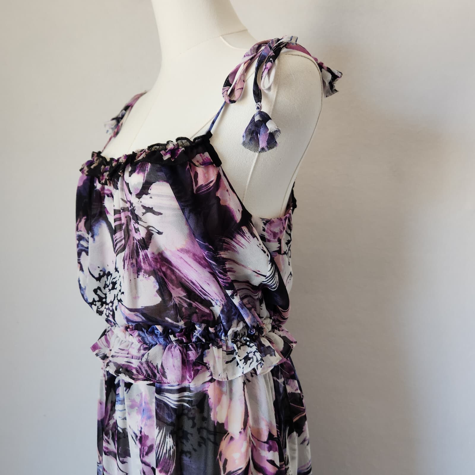 MISA Los Angeles Nati Floral Chiffon Tiered Midi Sun Dress Tie-Strap Purple XS - Thumbnail 6