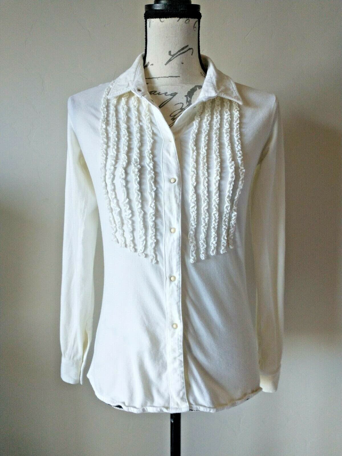 RYAN MICHAEL Knit Western Shirt Stretch Pearl Snap Ruffle Long Sleeve Cream XS