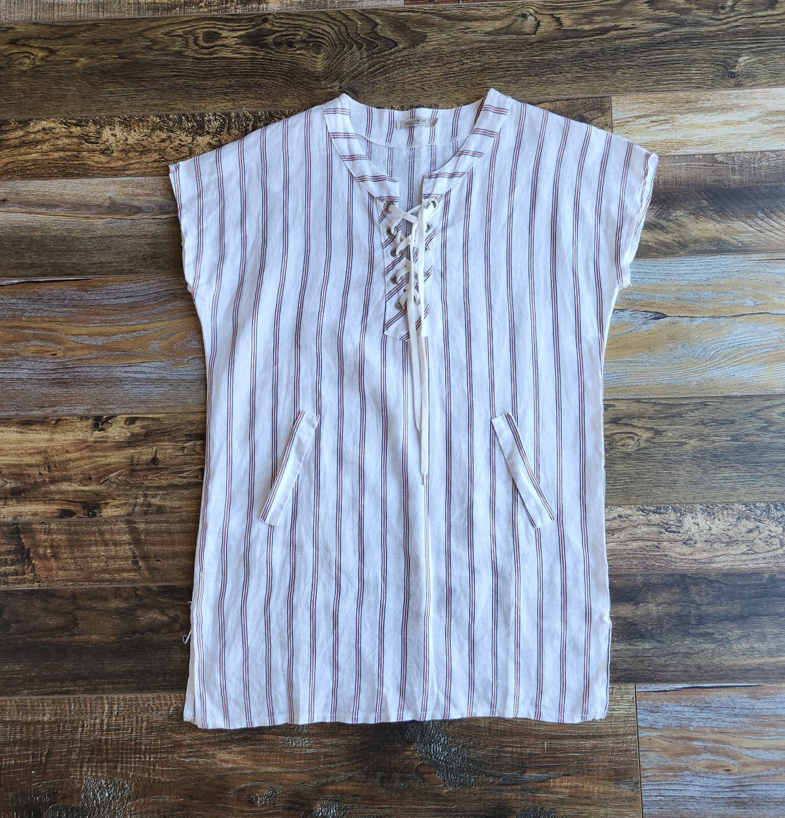 NWoT VIOLA BORGHI Made in Italy Linen Mini Dress Lace-Up Stripe White Brown Sz.L - Thumbnail 4