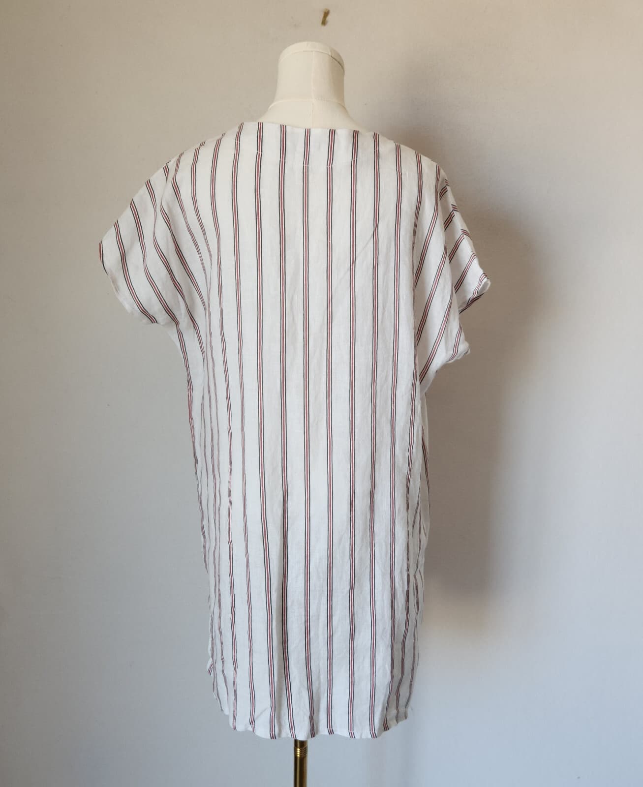 NWoT VIOLA BORGHI Made in Italy Linen Mini Dress Lace-Up Stripe White Brown Sz.L - Thumbnail 7