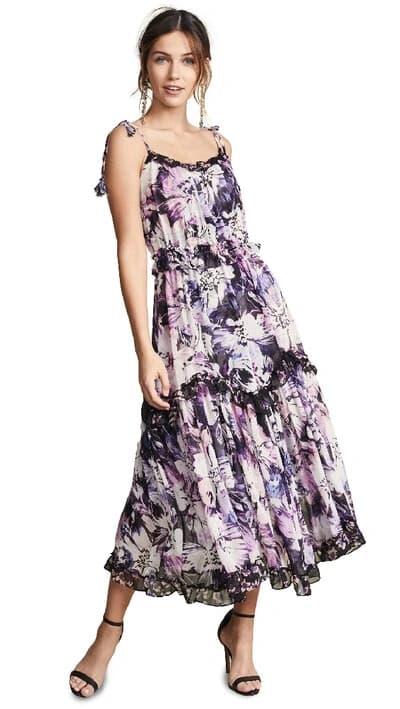 MISA Los Angeles Nati Floral Chiffon Tiered Midi Sun Dress Tie-Strap Purple XS - Thumbnail 2