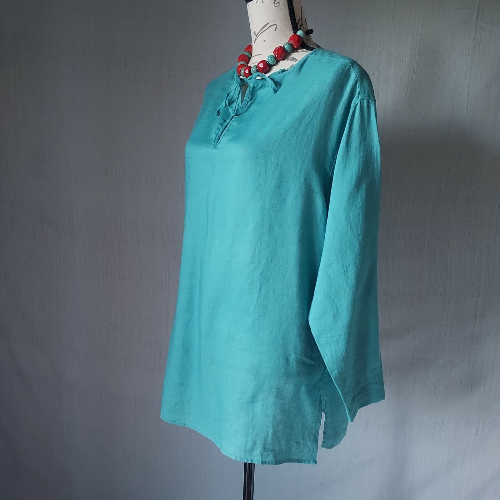 Vintage J.Crew Linen Tunic Top Long Sleeve Blue-Green Women M Made in Hong Kong - Thumbnail 3