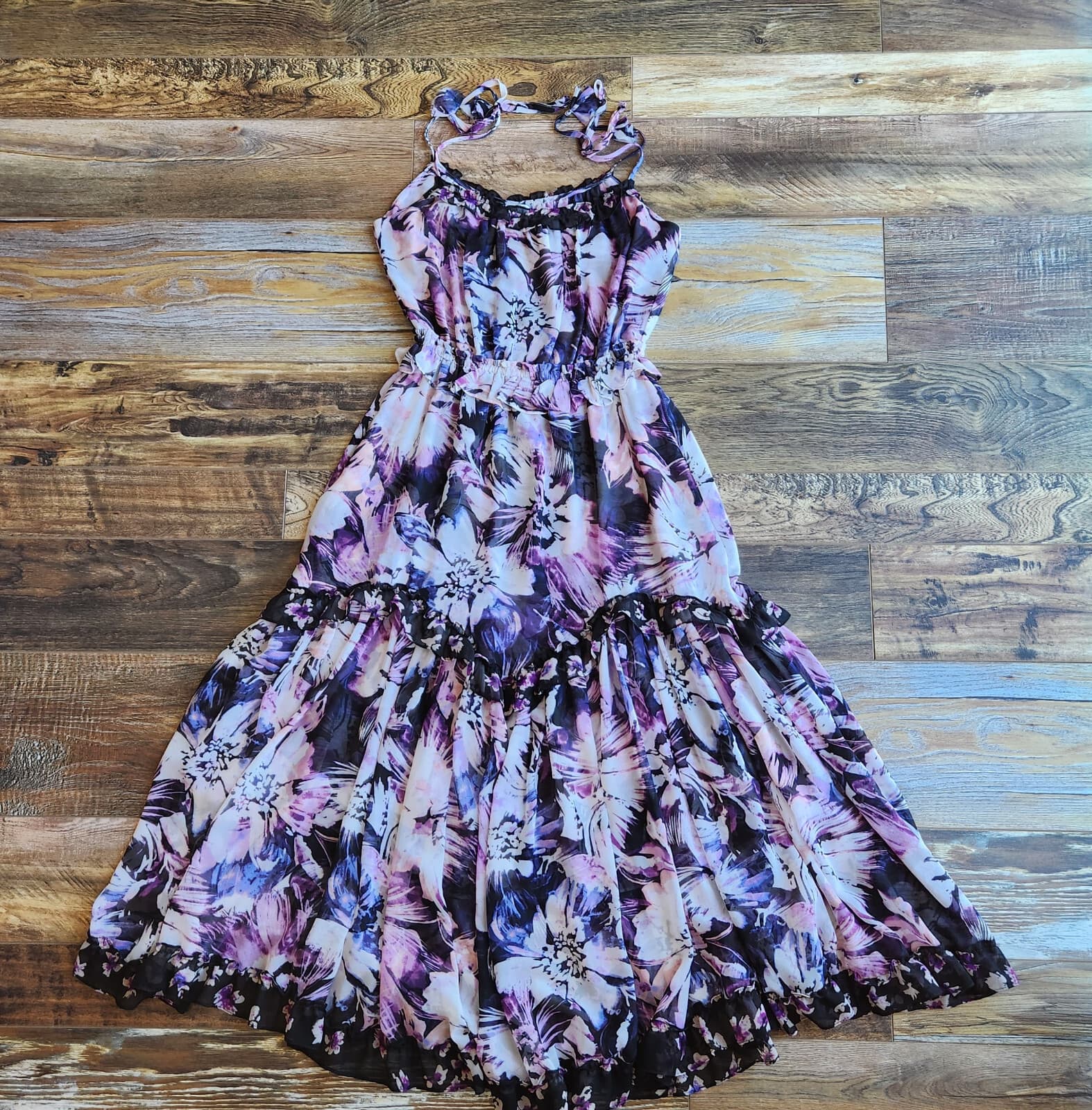 MISA Los Angeles Nati Floral Chiffon Tiered Midi Sun Dress Tie-Strap Purple XS - Thumbnail 10
