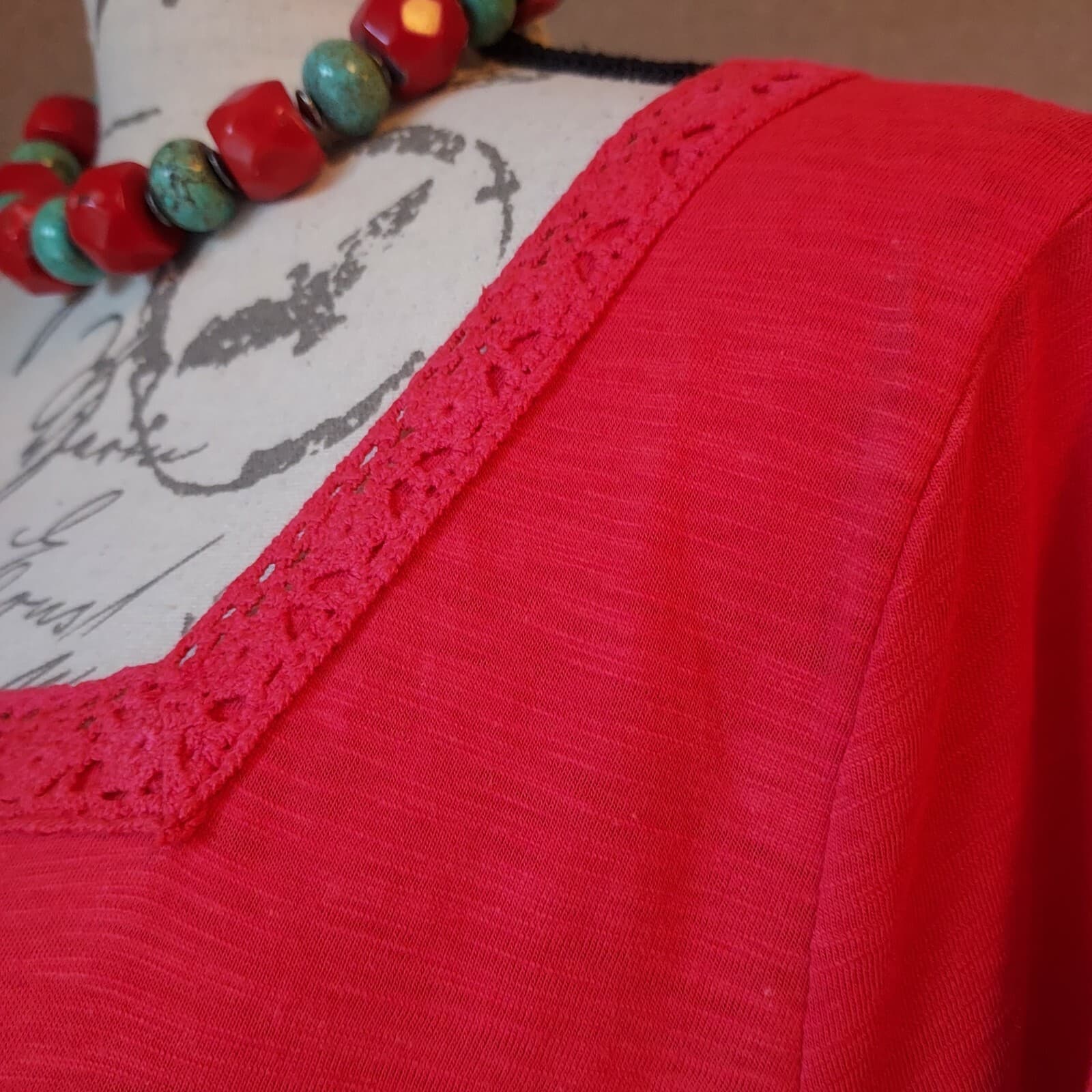 Talbots Lace Trim Square Neck Knit Top Short Sleeve Cotton Blend Red Women XL - Thumbnail 4