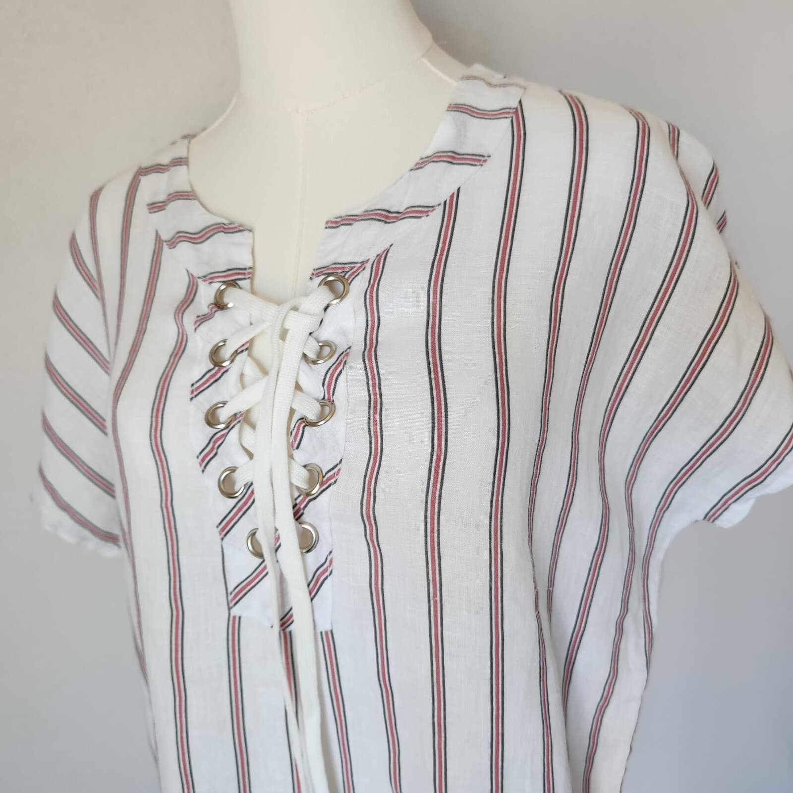 NWoT VIOLA BORGHI Made in Italy Linen Mini Dress Lace-Up Stripe White Brown Sz.L - Thumbnail 3