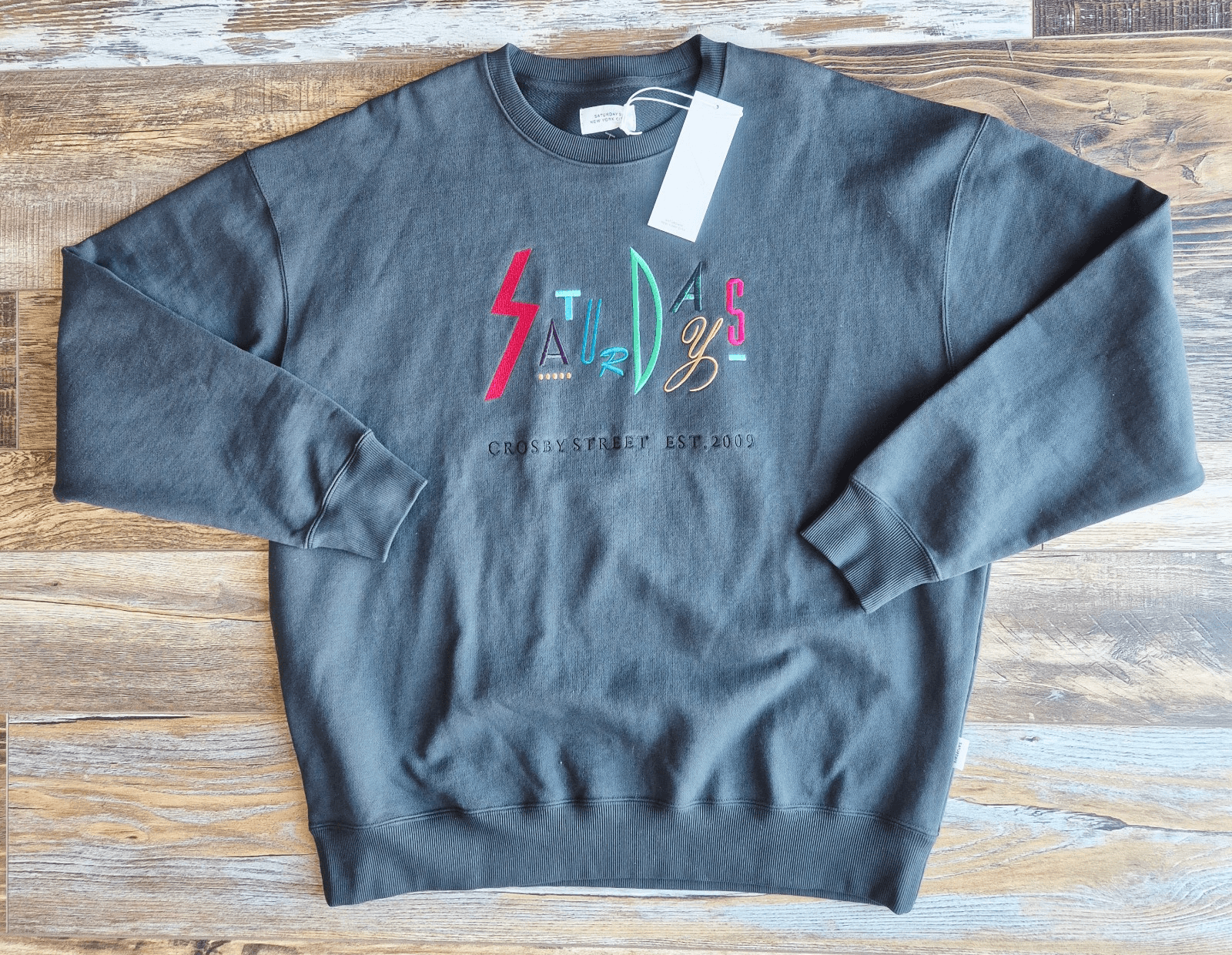 NWT Saturdays New York City Embroidered French Terry Sweatshirt Charcoal Men's L - Thumbnail 2