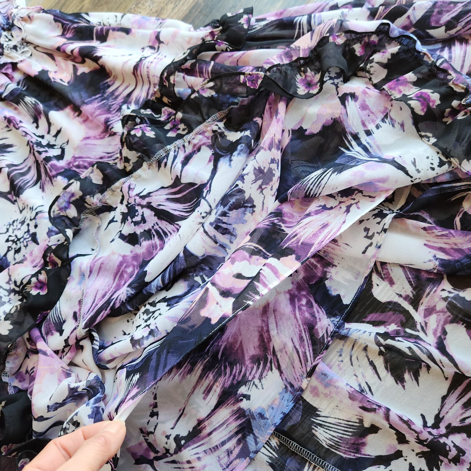 MISA Los Angeles Nati Floral Chiffon Tiered Midi Sun Dress Tie-Strap Purple XS - Thumbnail 13