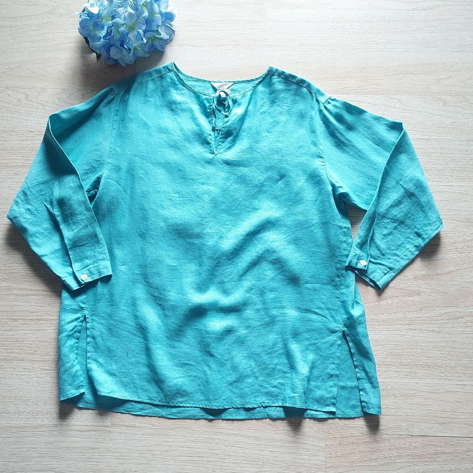 Vintage J.Crew Linen Tunic Top Long Sleeve Blue-Green Women M Made in Hong Kong - Thumbnail 5