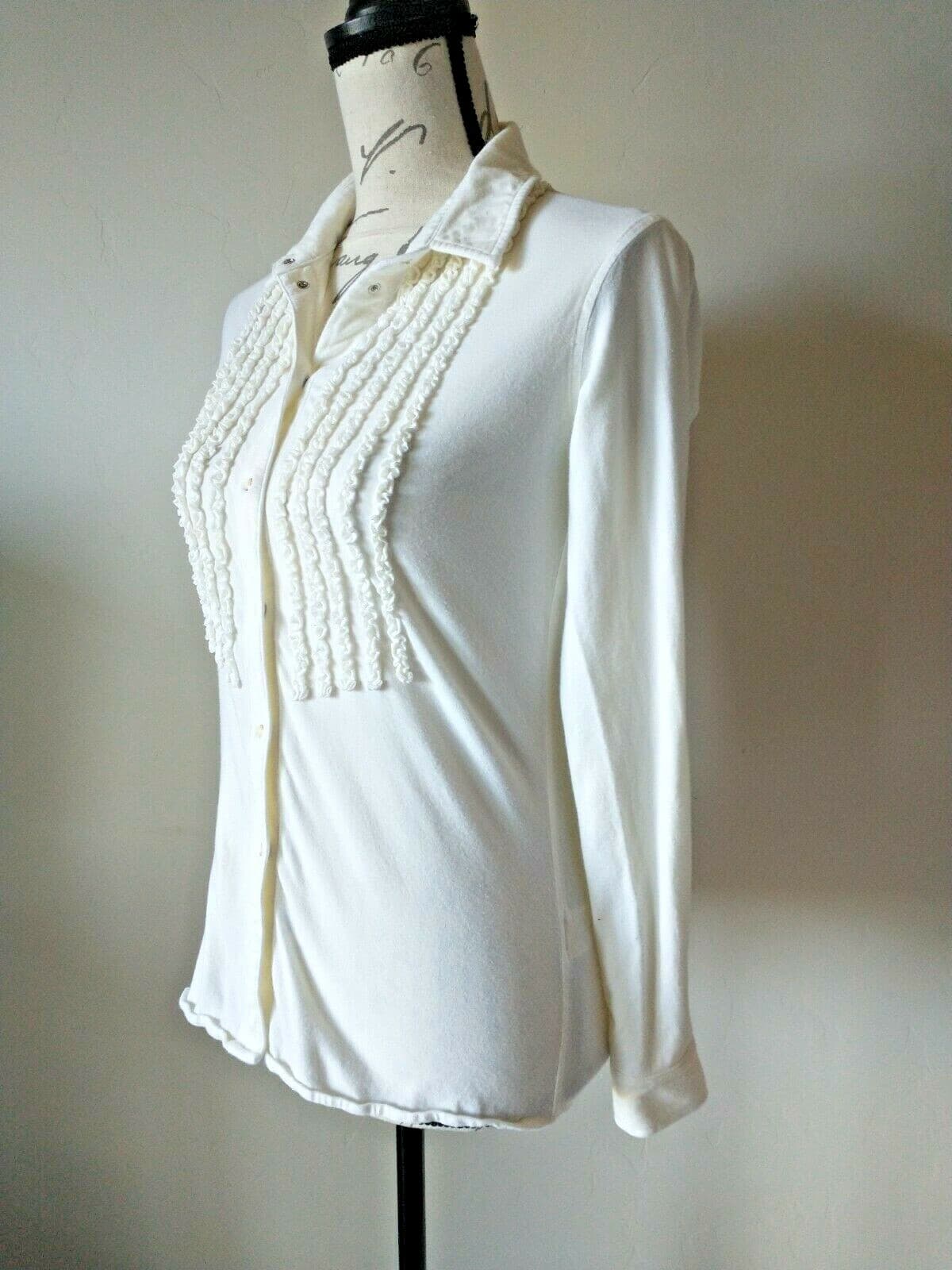 RYAN MICHAEL Knit Western Shirt Stretch Pearl Snap Ruffle Long Sleeve Cream XS - Thumbnail 2