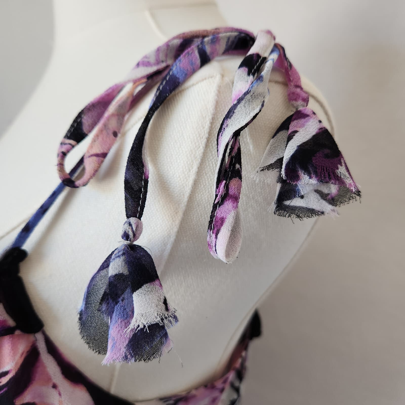 MISA Los Angeles Nati Floral Chiffon Tiered Midi Sun Dress Tie-Strap Purple XS - Thumbnail 7