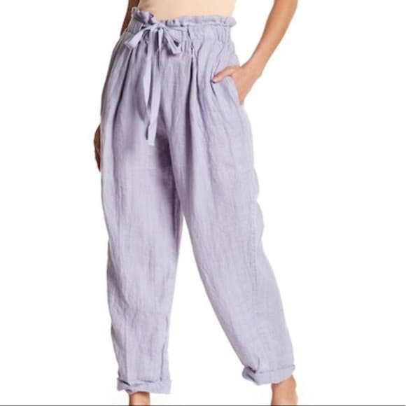 Free People Only Over You 100% Linen Paper-Bag Pants Elastic Waist Lavender Sz.M - Thumbnail 2