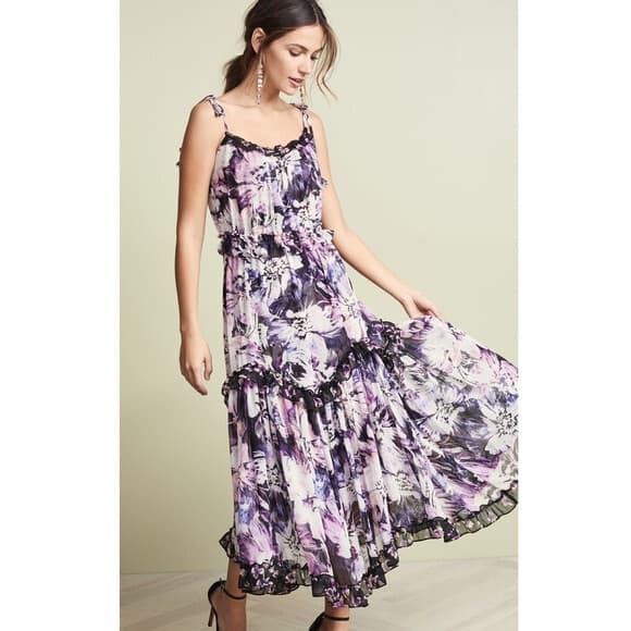 MISA Los Angeles Nati Floral Chiffon Tiered Midi Sun Dress Tie-Strap Purple XS - Thumbnail 4