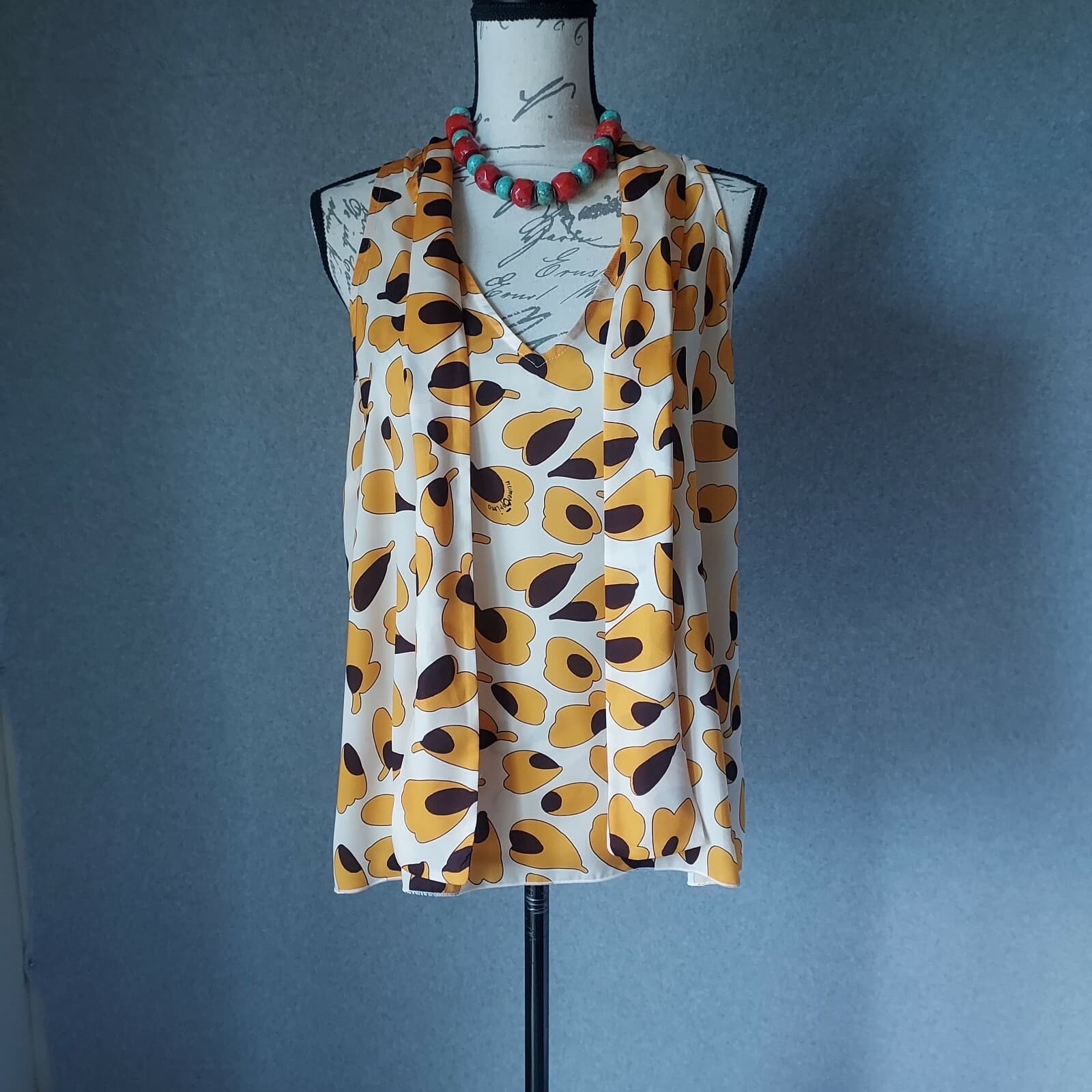 Numero Primo Tie-Neck Top Sleeveless Leaf Printed Orange Sz.48 Made in Italy - Thumbnail 2