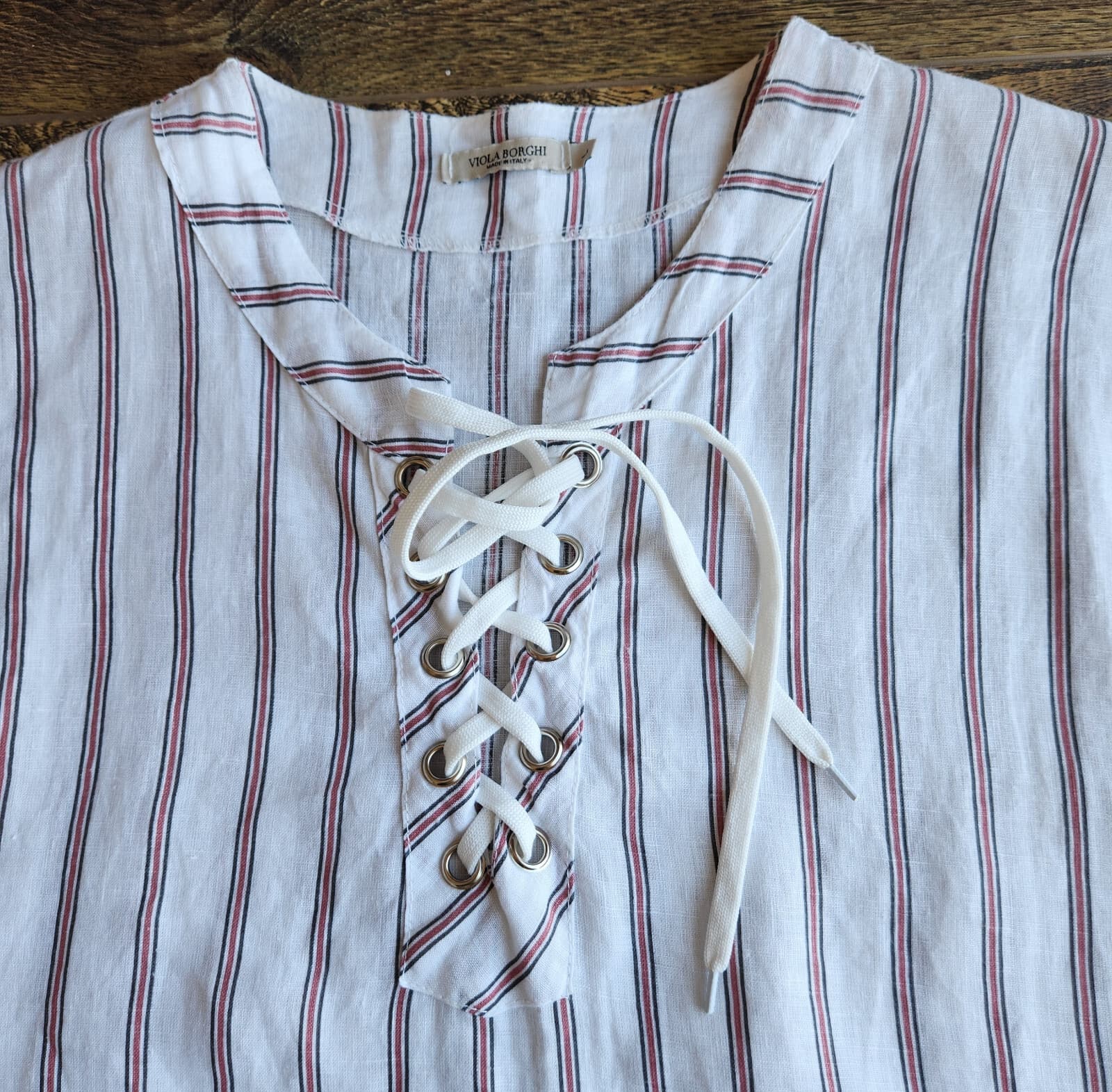 NWoT VIOLA BORGHI Made in Italy Linen Mini Dress Lace-Up Stripe White Brown Sz.L - Thumbnail 5