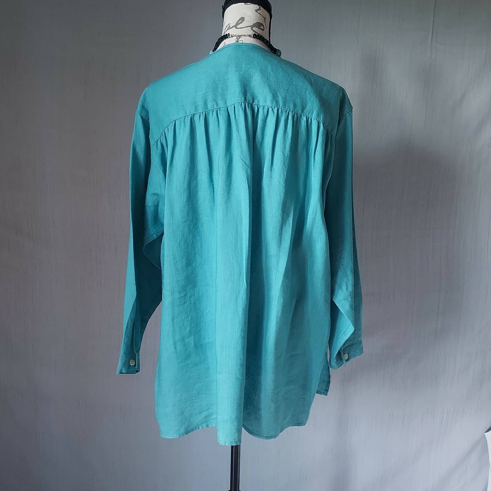 Vintage J.Crew Linen Tunic Top Long Sleeve Blue-Green Women M Made in Hong Kong - Thumbnail 4