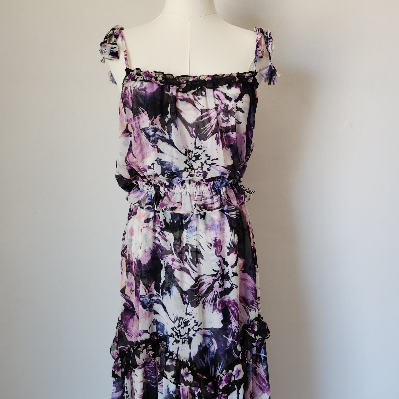 MISA Los Angeles Nati Floral Chiffon Tiered Midi Sun Dress Tie-Strap Purple XS - Thumbnail 5
