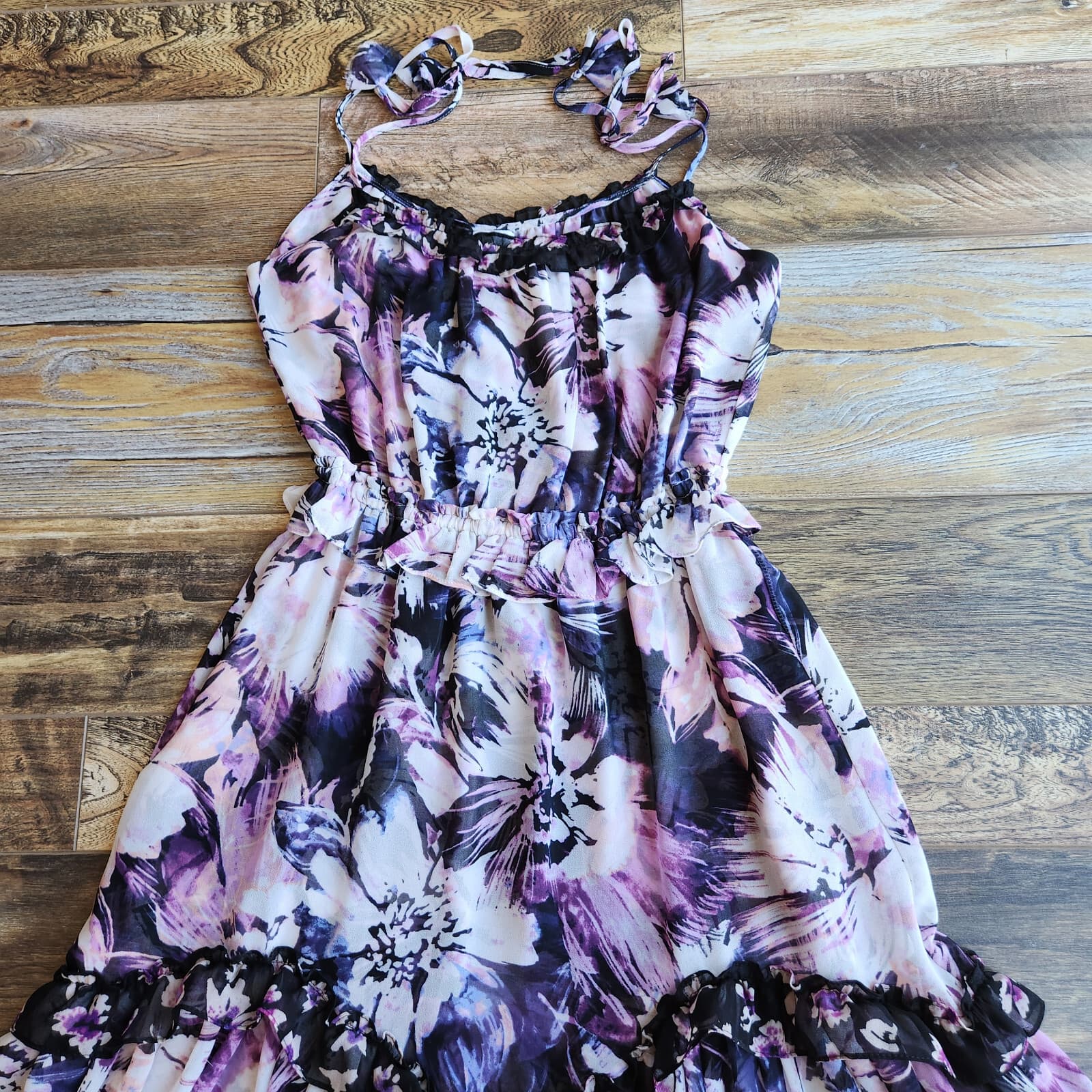 MISA Los Angeles Nati Floral Chiffon Tiered Midi Sun Dress Tie-Strap Purple XS - Thumbnail 11