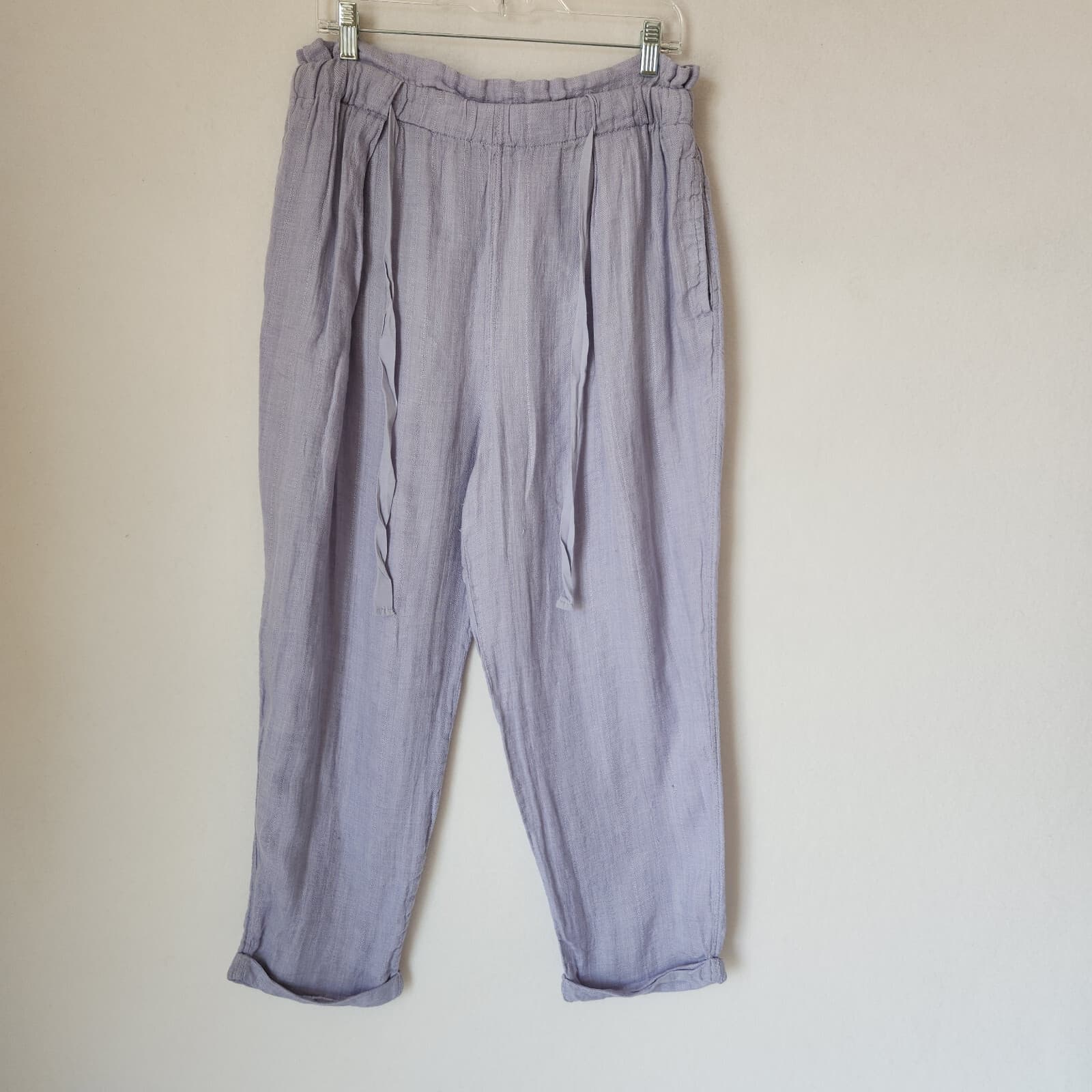 Free People Only Over You 100% Linen Paper-Bag Pants Elastic Waist Lavender Sz.M - Thumbnail 3