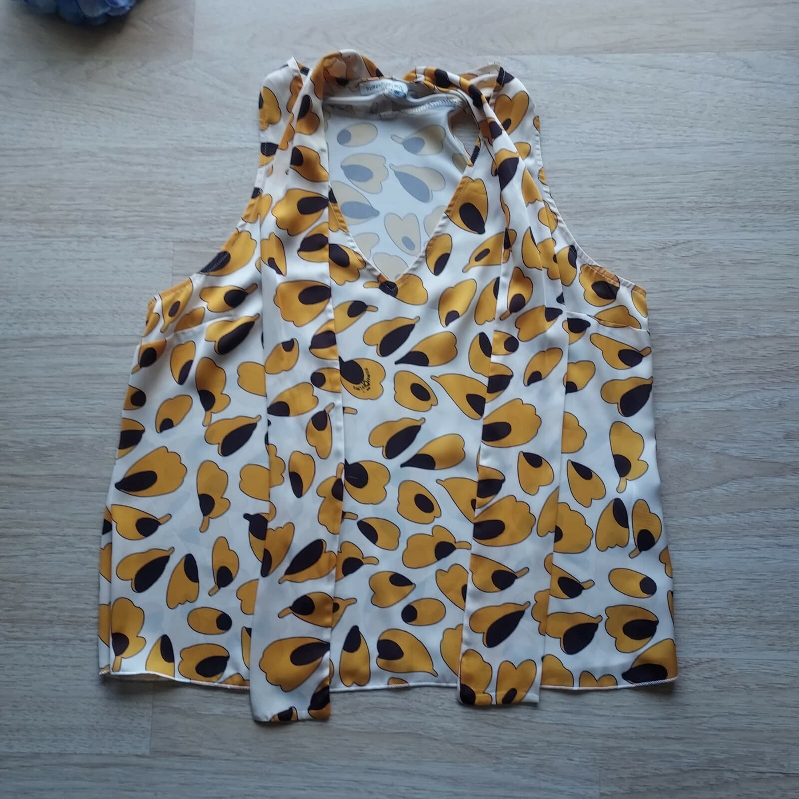 Numero Primo Tie-Neck Top Sleeveless Leaf Printed Orange Sz.48 Made in Italy - Thumbnail 3