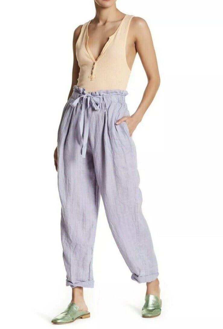 Free People Only Over You 100% Linen Paper-Bag Pants Elastic Waist Lavender Sz.M - Thumbnail 12