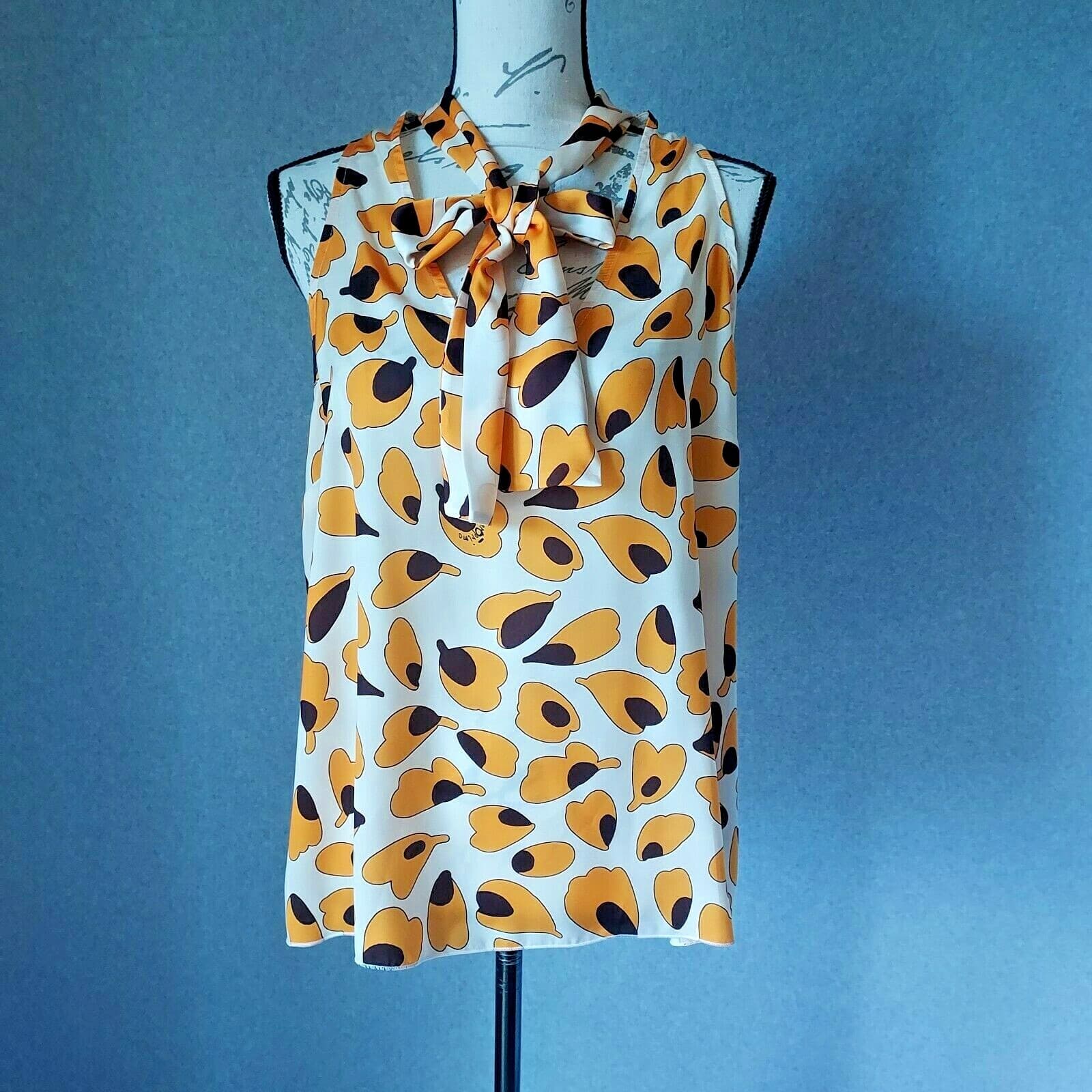 Numero Primo Tie-Neck Top Sleeveless Leaf Printed Orange Sz.48 Made in Italy