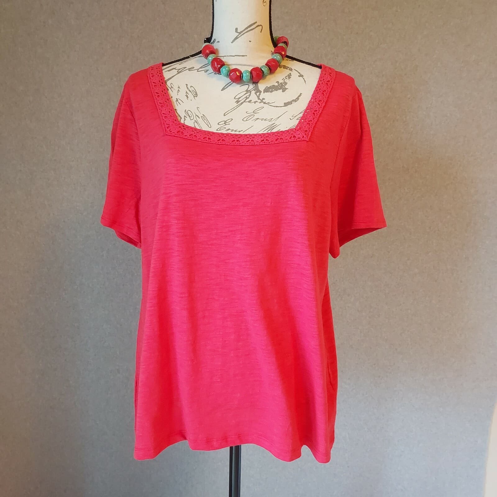 Talbots Lace Trim Square Neck Knit Top Short Sleeve Cotton Blend Red Women XL