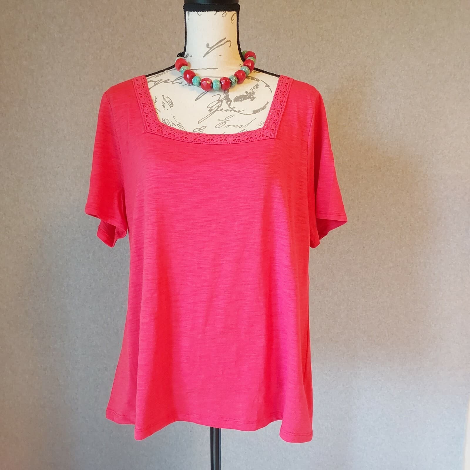 Talbots Lace Trim Square Neck Knit Top Short Sleeve Cotton Blend Red Women XL - Thumbnail 3