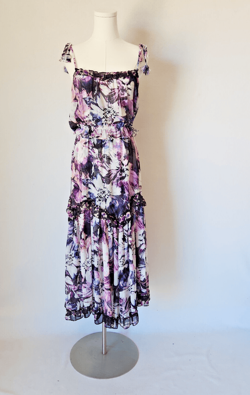 MISA Los Angeles Nati Floral Chiffon Tiered Midi Sun Dress Tie-Strap Purple XS - Thumbnail 3