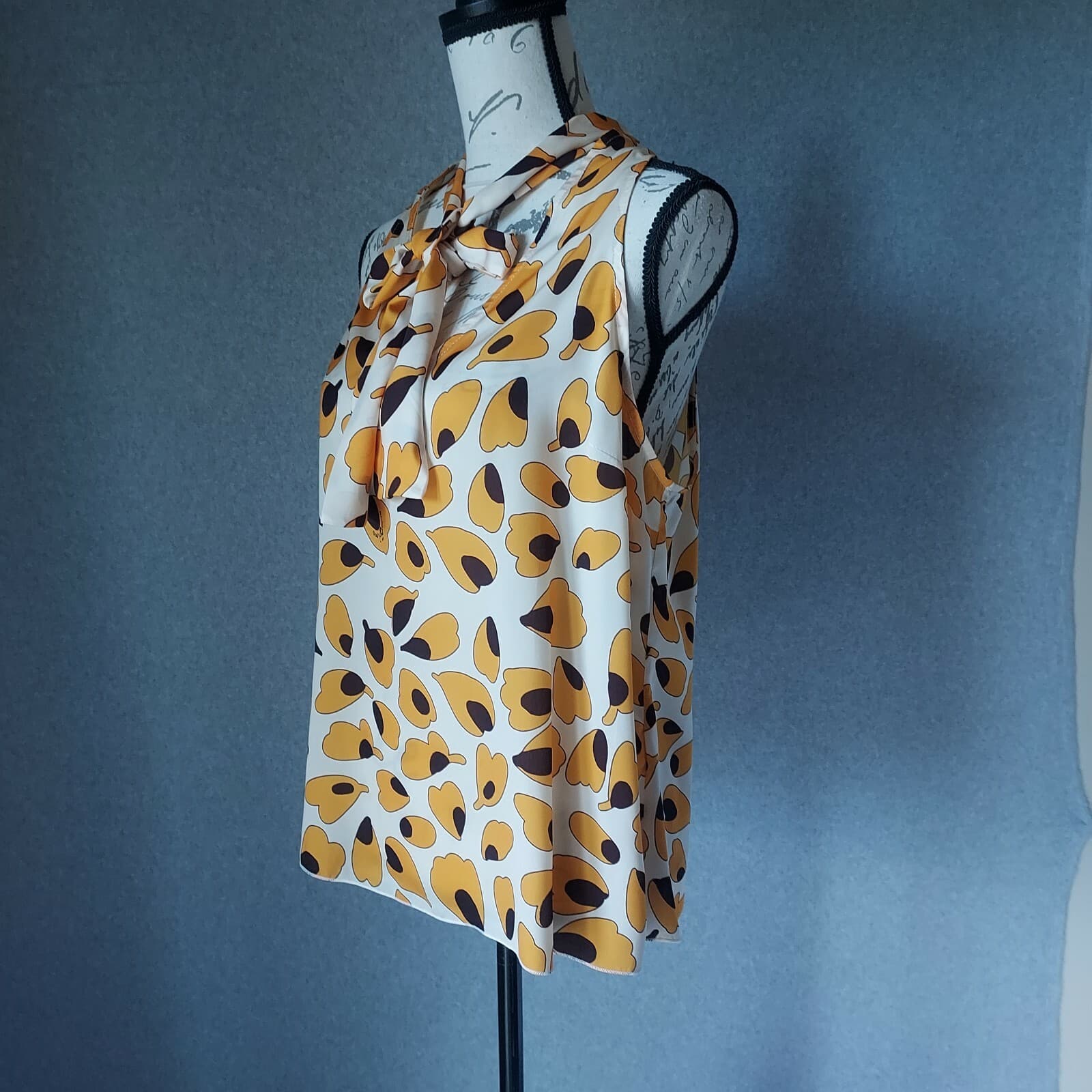 Numero Primo Tie-Neck Top Sleeveless Leaf Printed Orange Sz.48 Made in Italy - Thumbnail 5